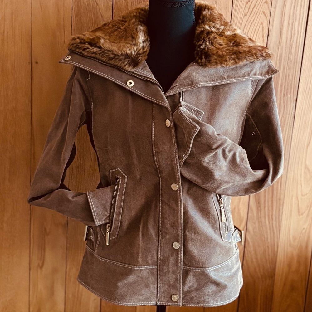Bradley Bayou Genuine Suede Brown Leather Jacket with Faux Fur Collar